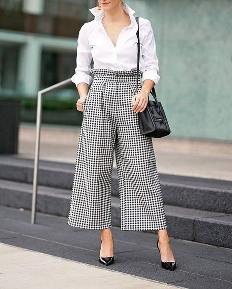 White shirt with checkered pants #white shirt #women's checkered pants #checkered pants outfits