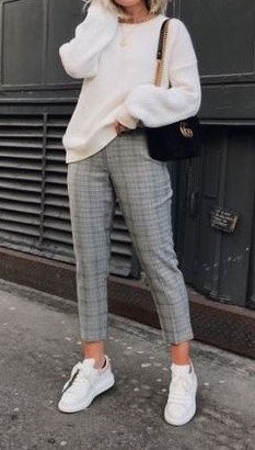 cable knit sweater #cable knit sweater #women's check pants #check pants outfits