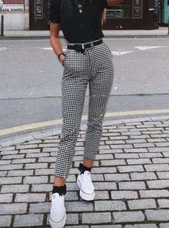 plain t-shirt with checkered pants #plain t-shirt #women's checkered pants #checkered pants outfits