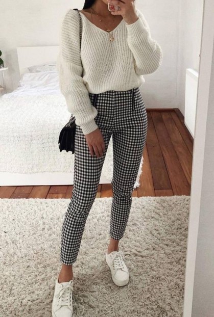 cardigan sweater #sweater #women's checkered pants #checkered pants outfits