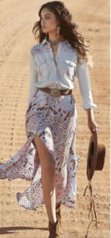 maxi skirt with chambray shirt #long printed skirt #chambray shirt #summer outfit #casual outfit #long skirt with shirt