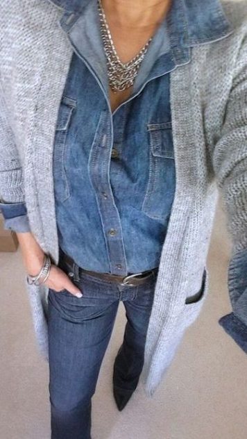 fall transition outfit #fall outfit #fall transition #chambray top and cardigan